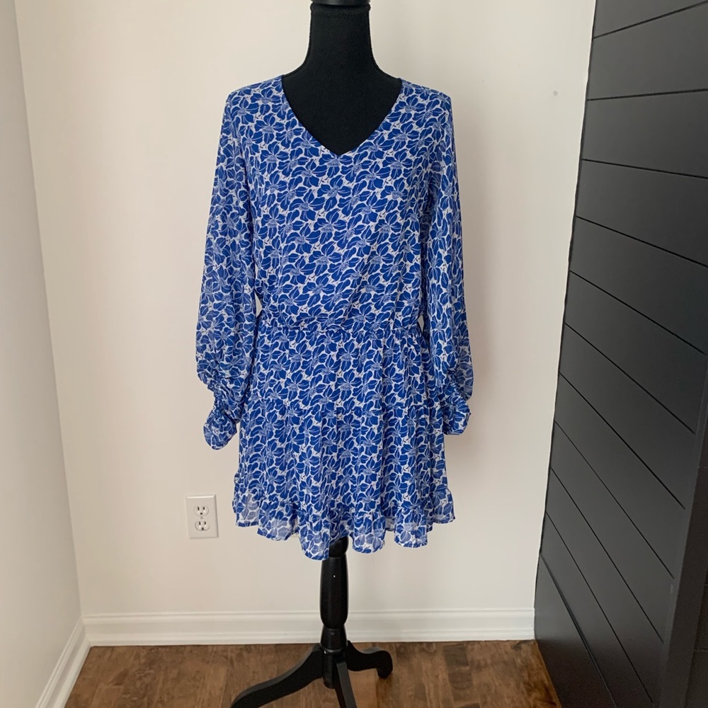 VICI Blue Floral Lantern Sleeve Ruffle Hem Dress